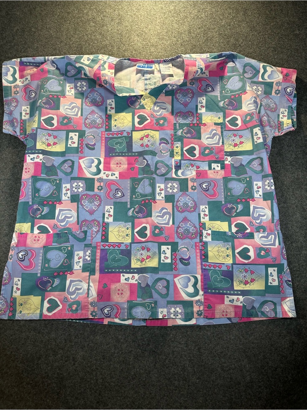 Colorful Heart Patchwork Print scrub top and plain lavender scrub pants